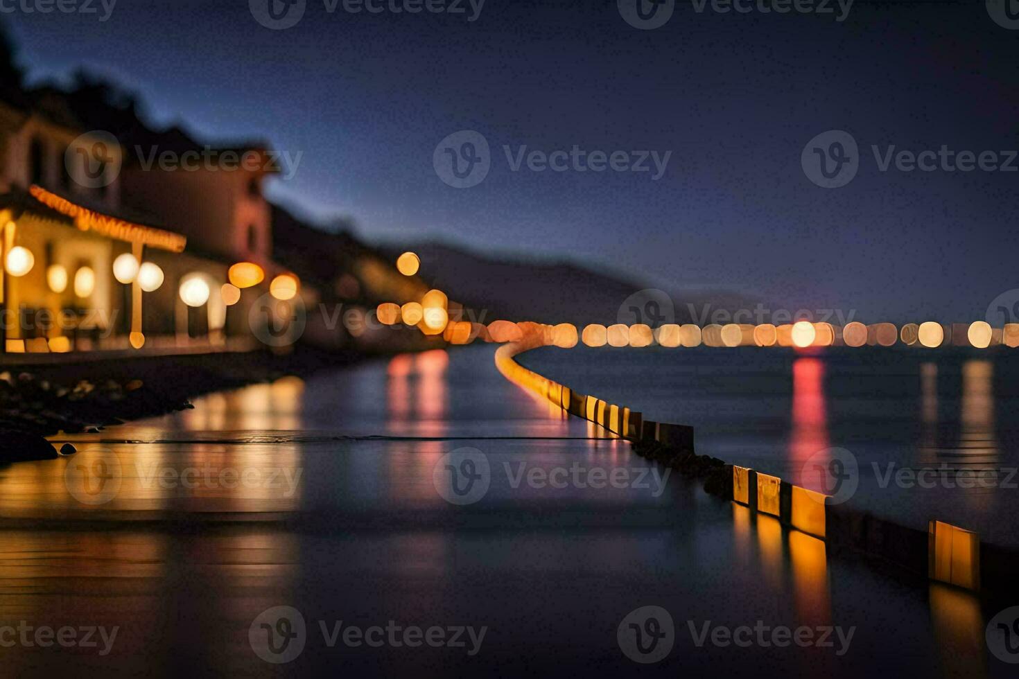 een lang blootstelling fotograaf van een lang pier Bij nacht. ai-gegenereerd foto