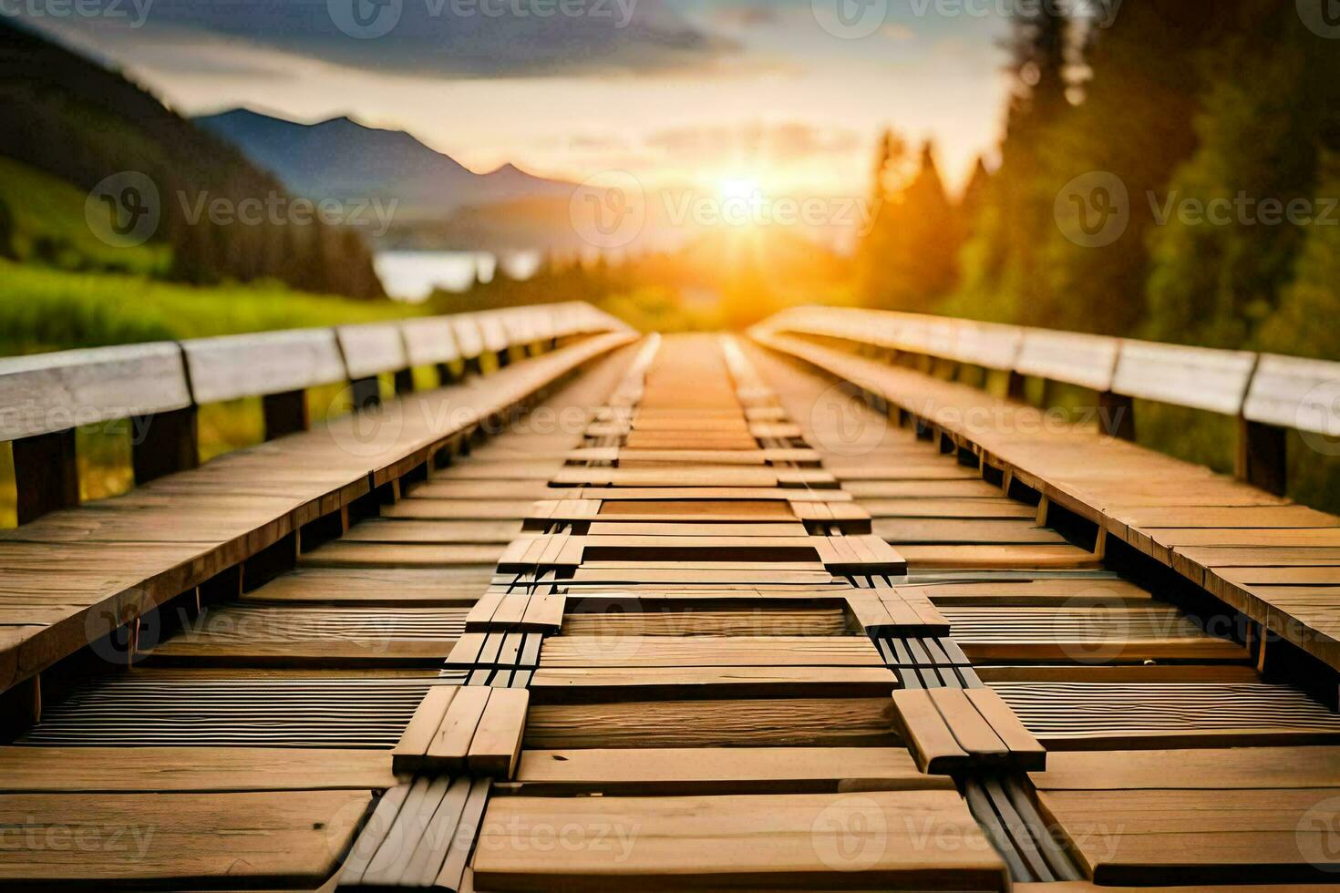 een houten brug met de zon instelling achter het. ai-gegenereerd foto