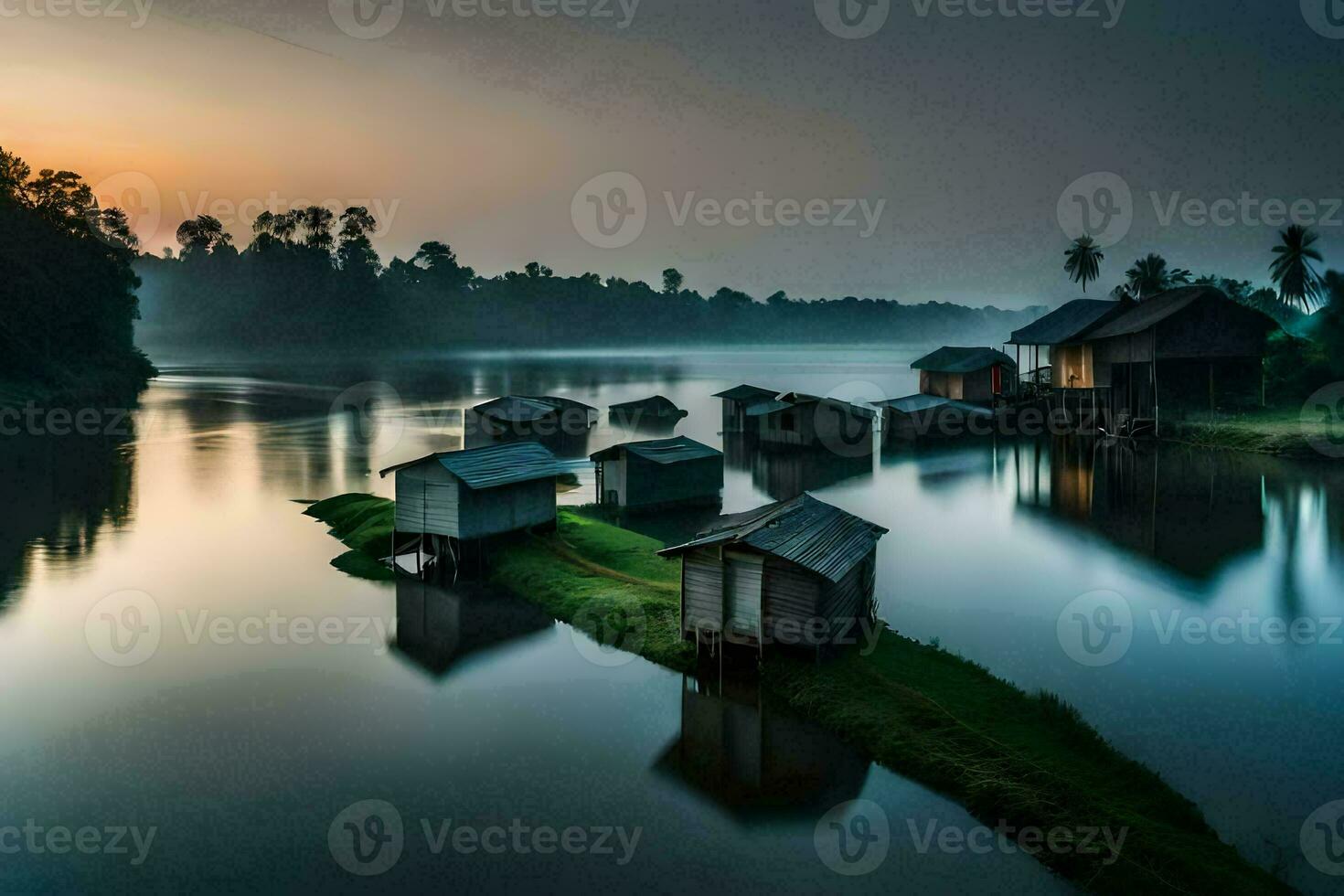 een rivier- met meerdere klein huizen Aan het. ai-gegenereerd foto