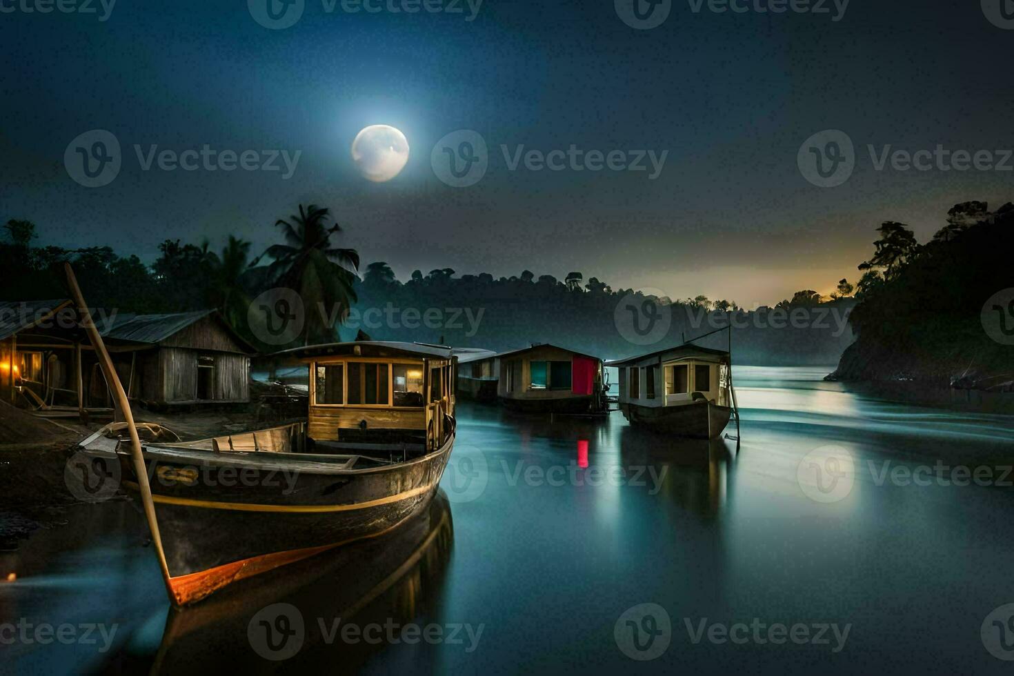 boten aangemeerd Aan de rivier- Bij nacht met een vol maan. ai-gegenereerd foto