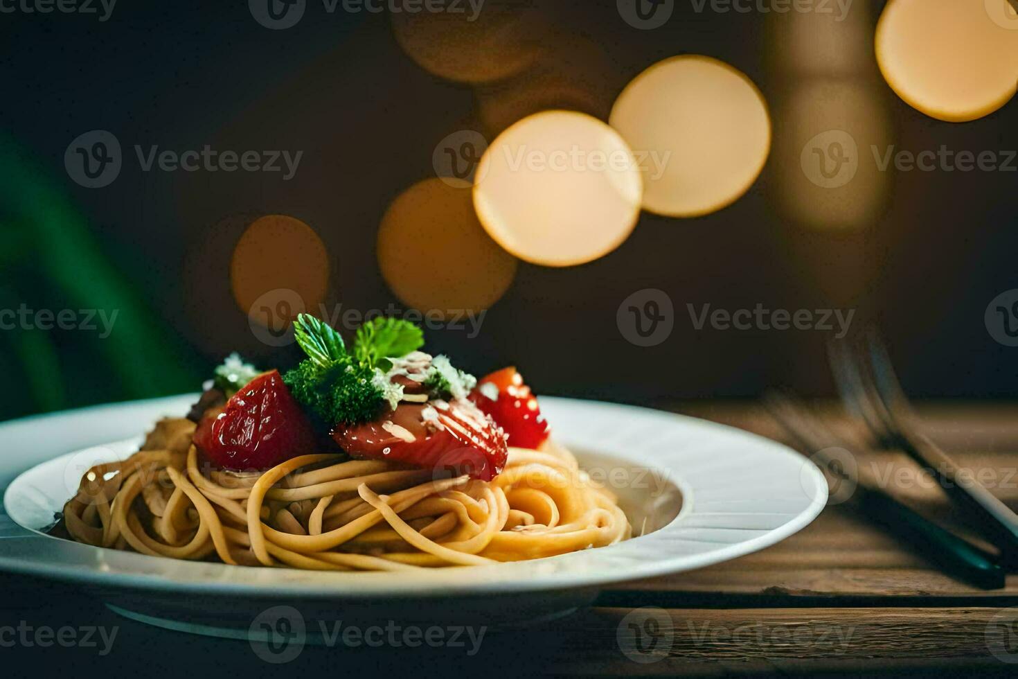 spaghetti met aardbeien en munt Aan een bord. ai-gegenereerd foto