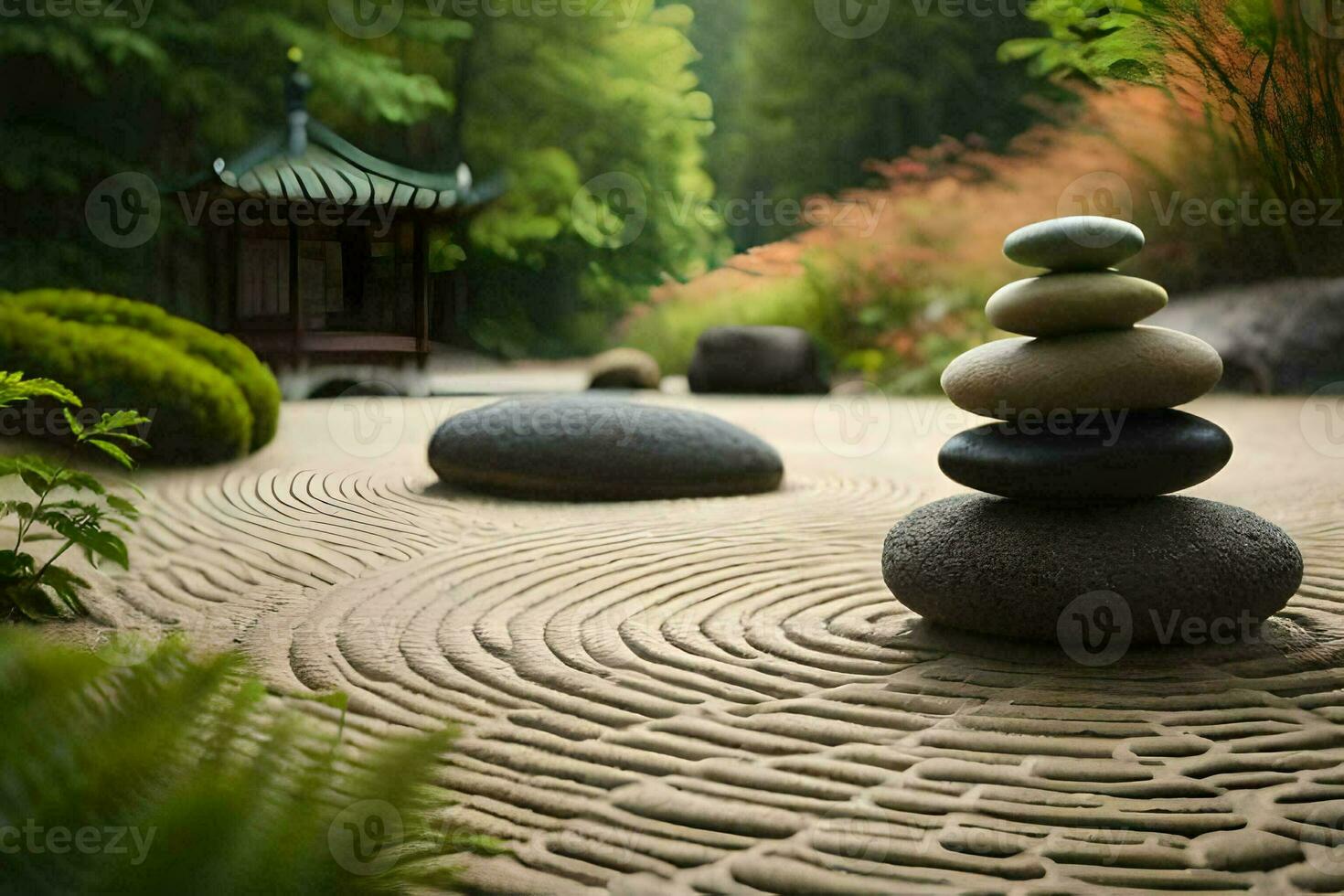 een zen tuin met stenen en een pagode. ai-gegenereerd foto