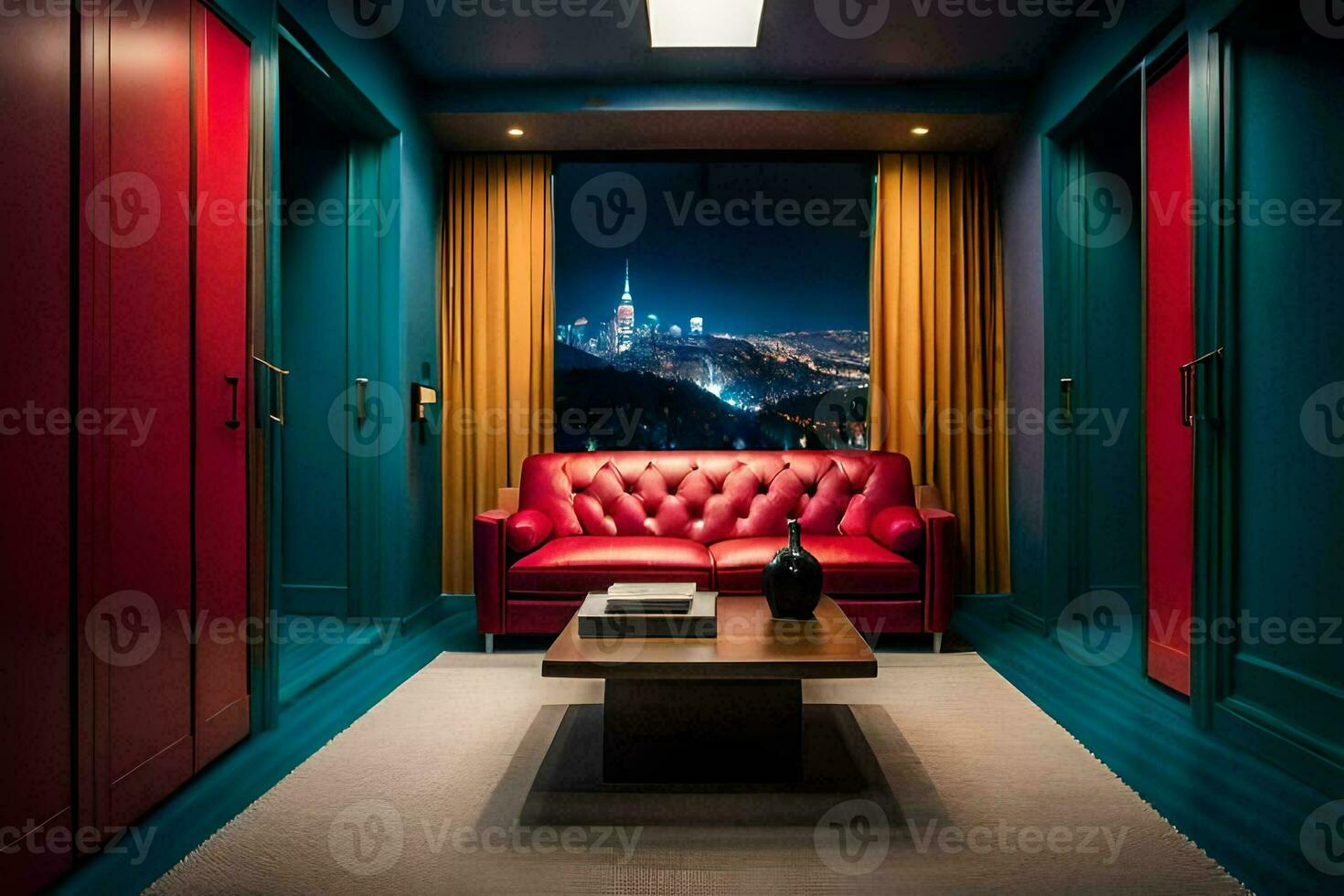 een rood leer bankstel zit in een kamer met blauw muren en een visie van de stad. ai-gegenereerd foto