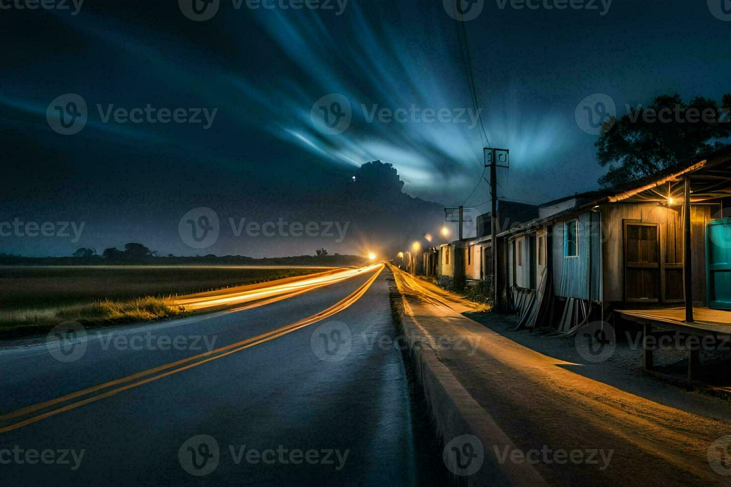 een lang blootstelling foto van een weg Bij nacht. ai-gegenereerd
