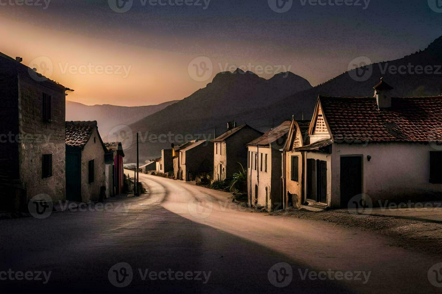 foto behang de lucht, bergen, weg, huizen, de dorp, de weg, de dorp. ai-gegenereerd