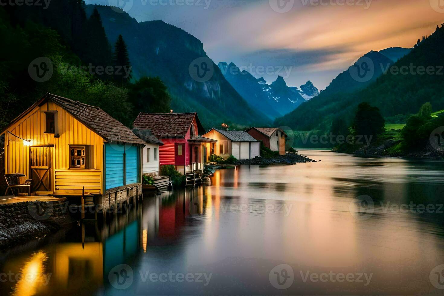 foto behang de lucht, bergen, water, huis, bergen, Noorwegen, de lucht,. ai-gegenereerd