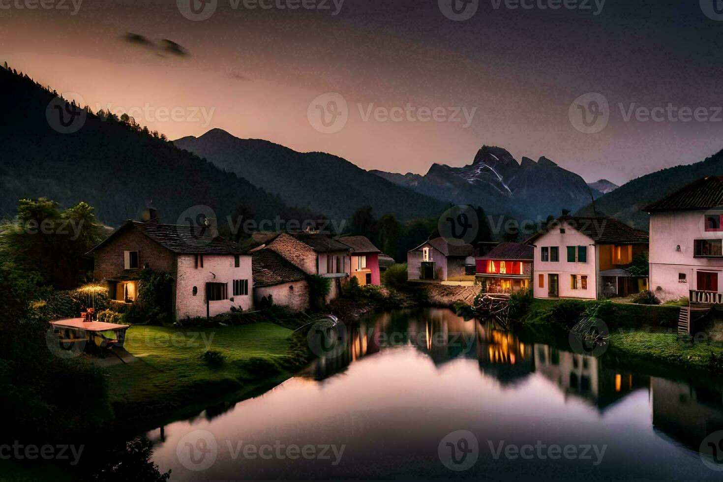 foto behang de lucht, bergen, rivier, huis, de dorp, de bergen, de dorp. ai-gegenereerd