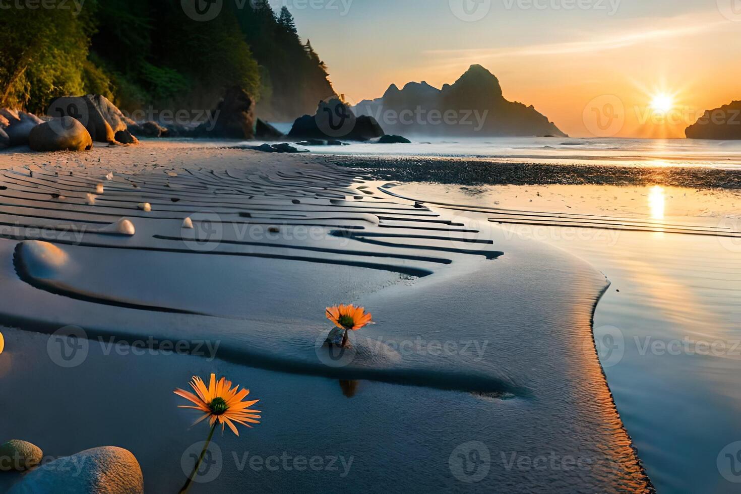 de zon sets Aan de strand Bij de olympisch nationaal park. ai-gegenereerd foto