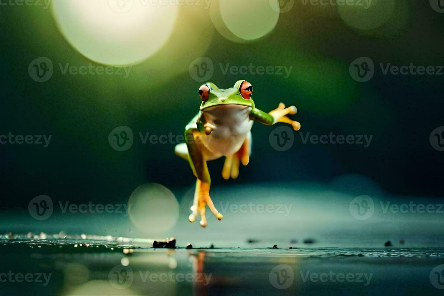 een kikker jumping in de lucht met haar poten verspreiding. ai-gegenereerd foto