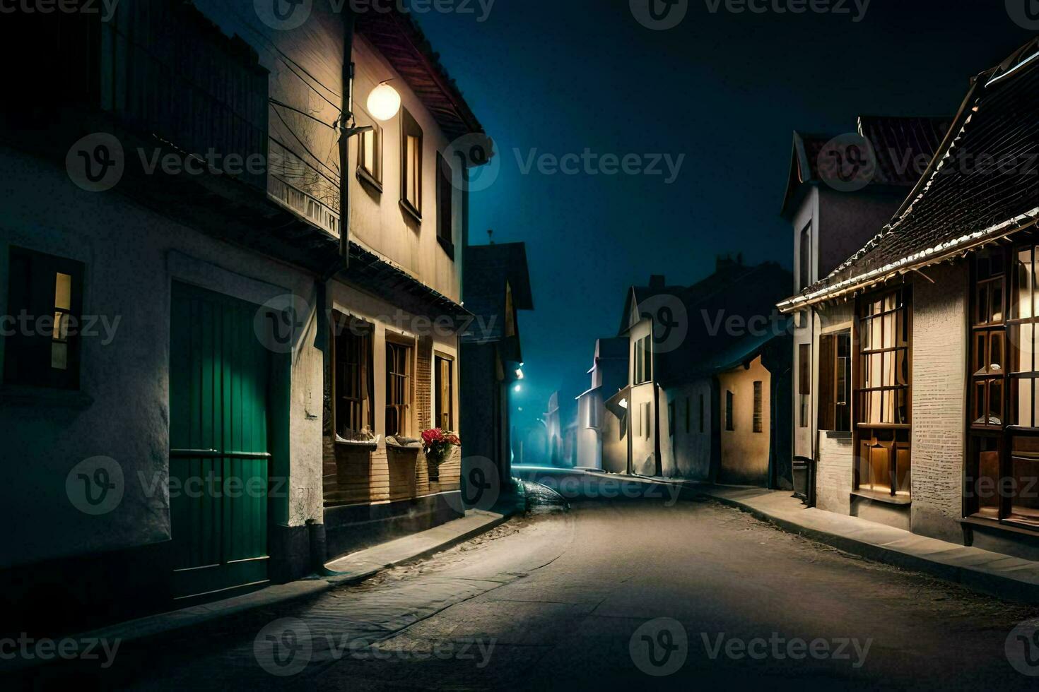 foto behang de nacht, straat, huizen, de donker, de stad, de nacht, de. ai-gegenereerd