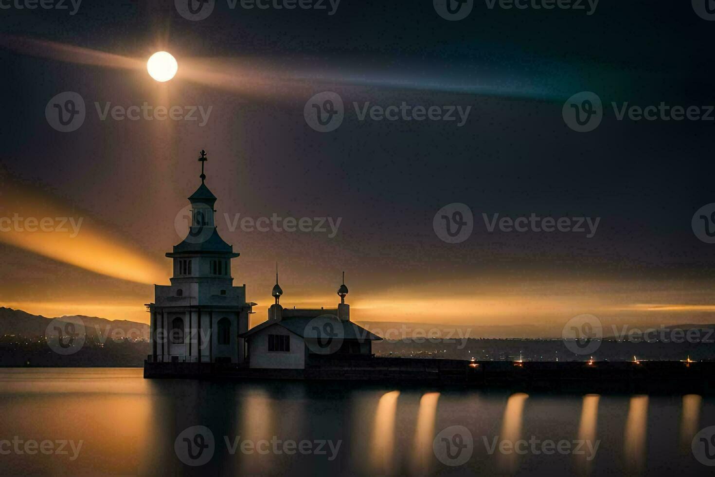 een kerk is gezien in de afstand Bij zonsondergang. ai-gegenereerd foto