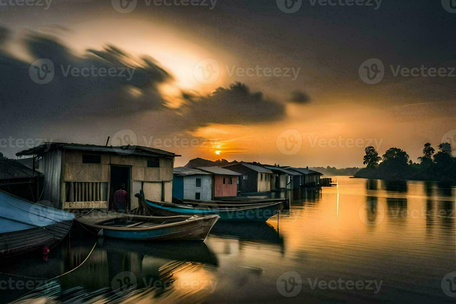 boten zijn aangemeerd in de water Bij zonsondergang. ai-gegenereerd foto