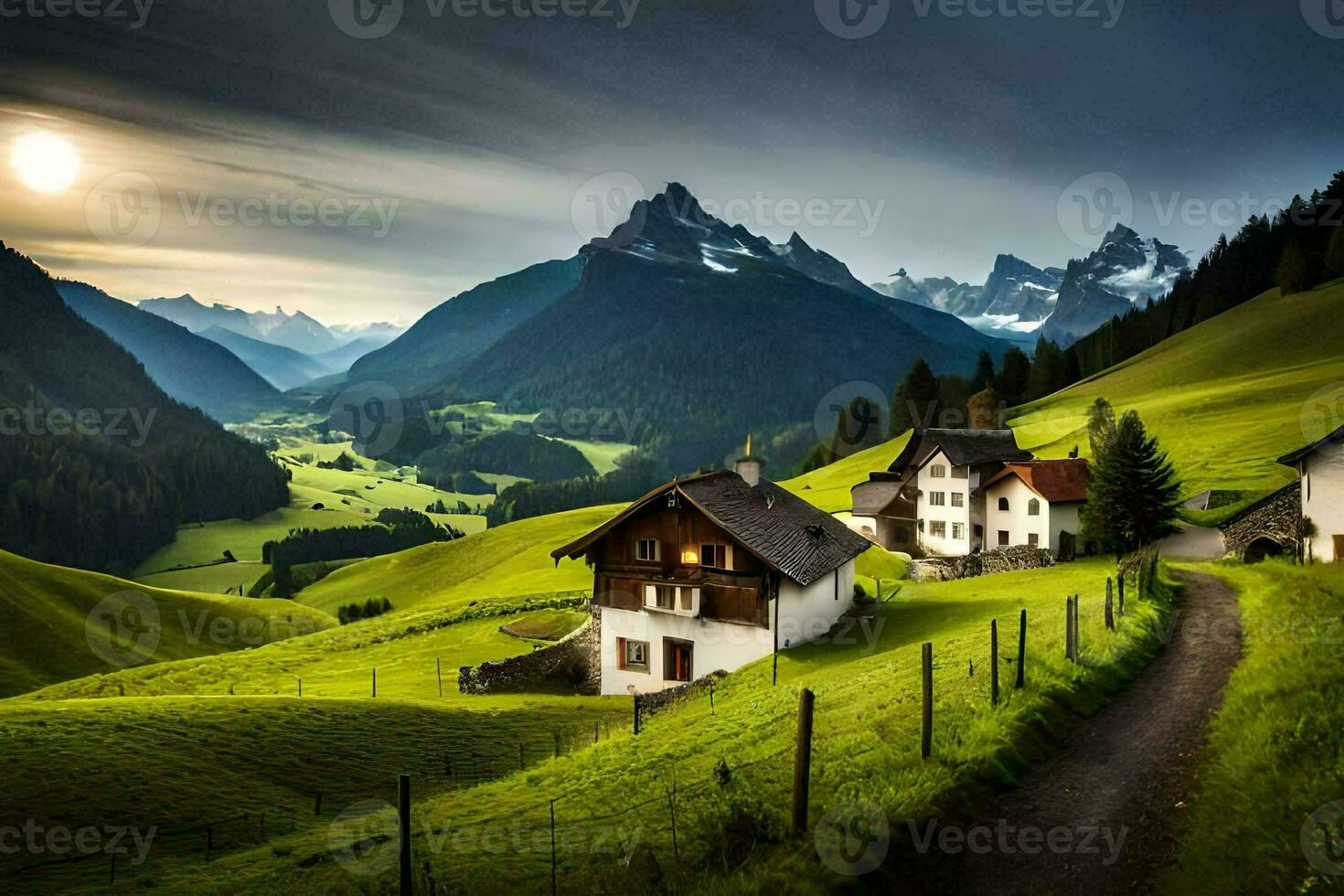 een mooi berg landschap met huizen en een weg. ai-gegenereerd foto