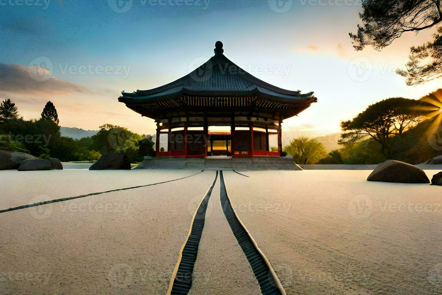 een pagode in de midden- van een zanderig veld. ai-gegenereerd foto