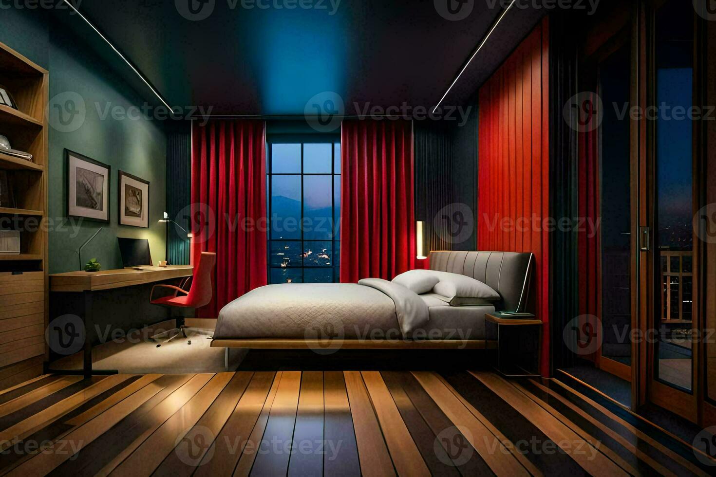 een slaapkamer met een bed, bureau en rood gordijnen. ai-gegenereerd foto