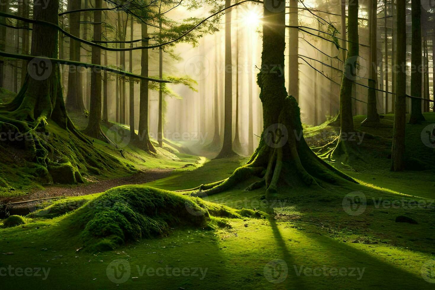 een Woud met bomen en zonlicht schijnend door de bomen. ai-gegenereerd foto