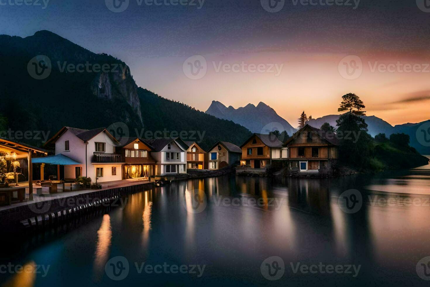 huizen Aan de water Bij zonsondergang in de bergen. ai-gegenereerd foto