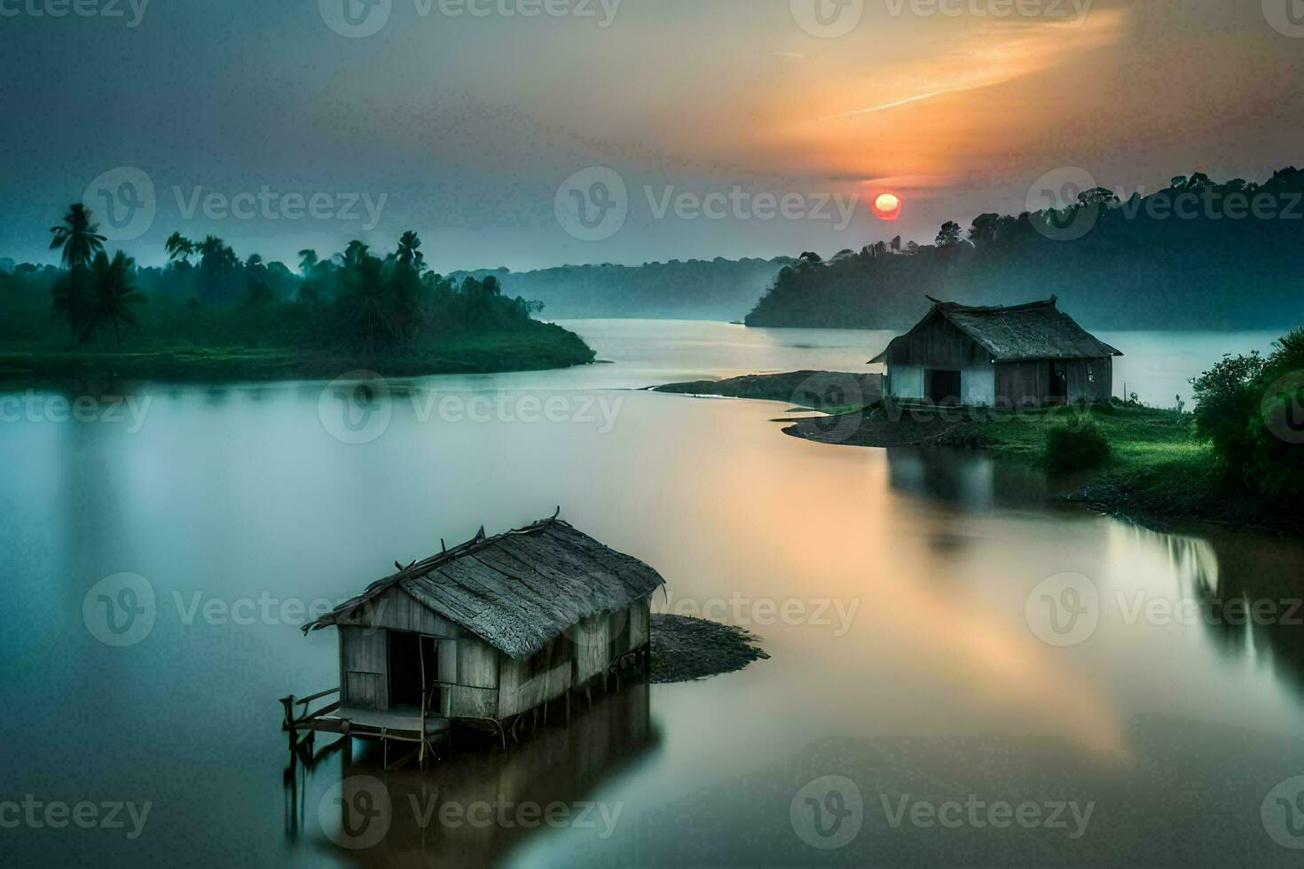 twee klein hutten zitten Aan de kust van een meer Bij zonsondergang. ai-gegenereerd foto