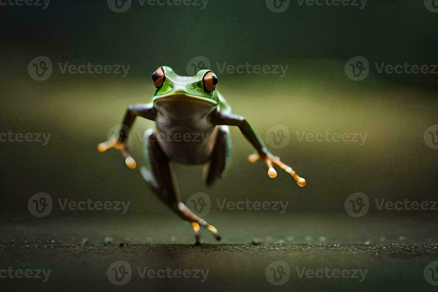 een kikker jumping Aan de grond. ai-gegenereerd foto