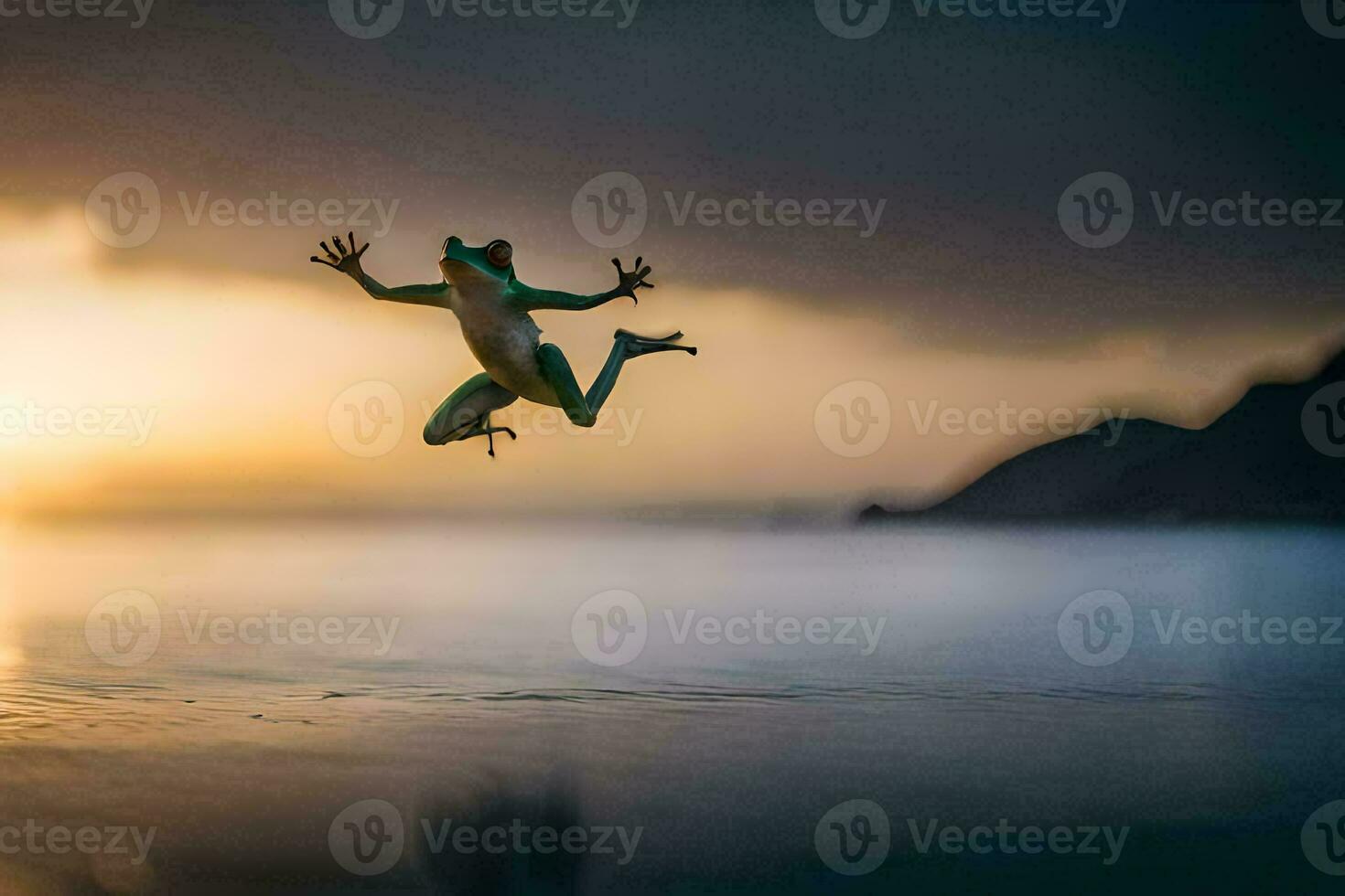 een kikker jumping in de lucht Bij zonsondergang. ai-gegenereerd foto