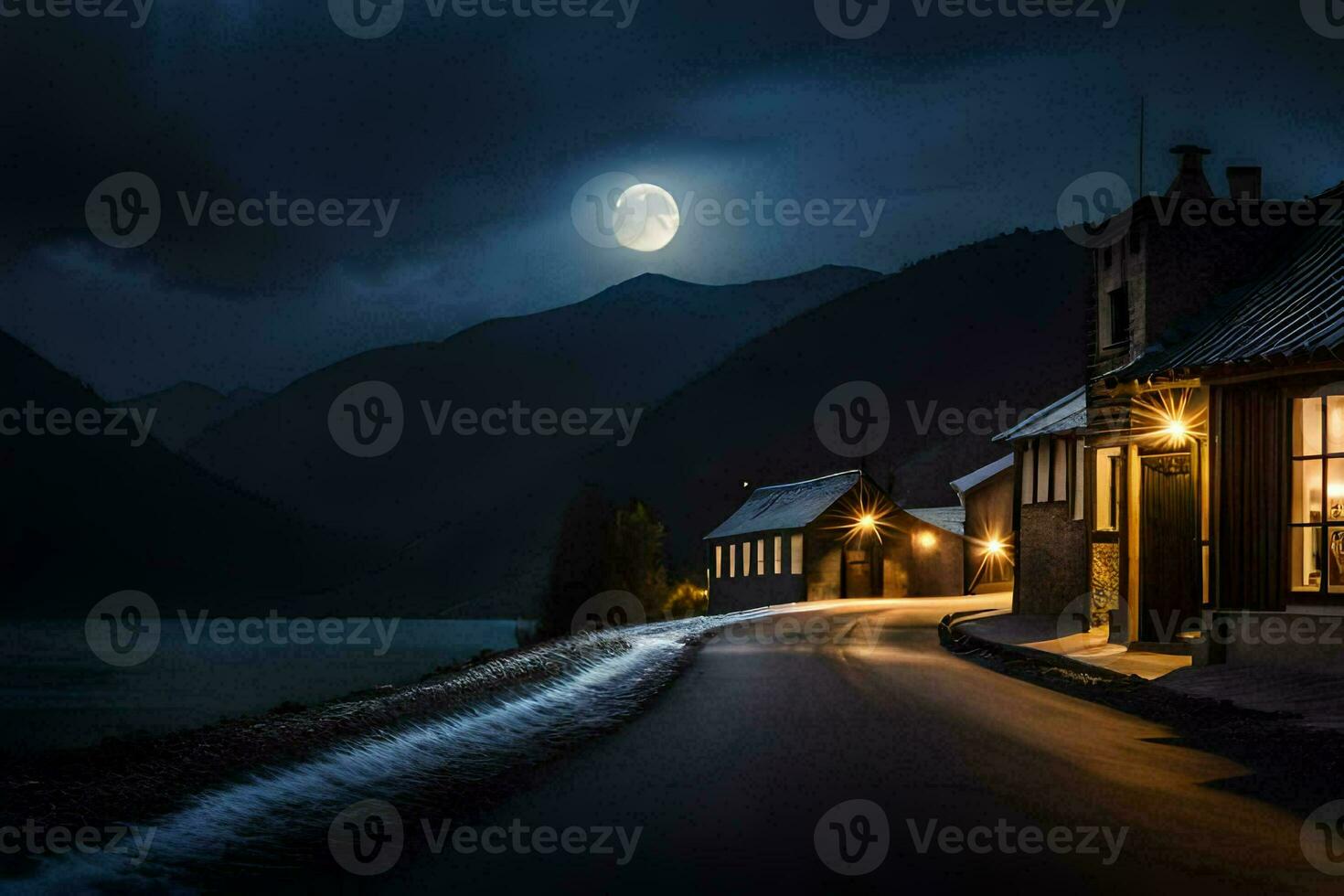 foto behang de maan, weg, huis, de nacht, de weg, de maan, de. ai-gegenereerd