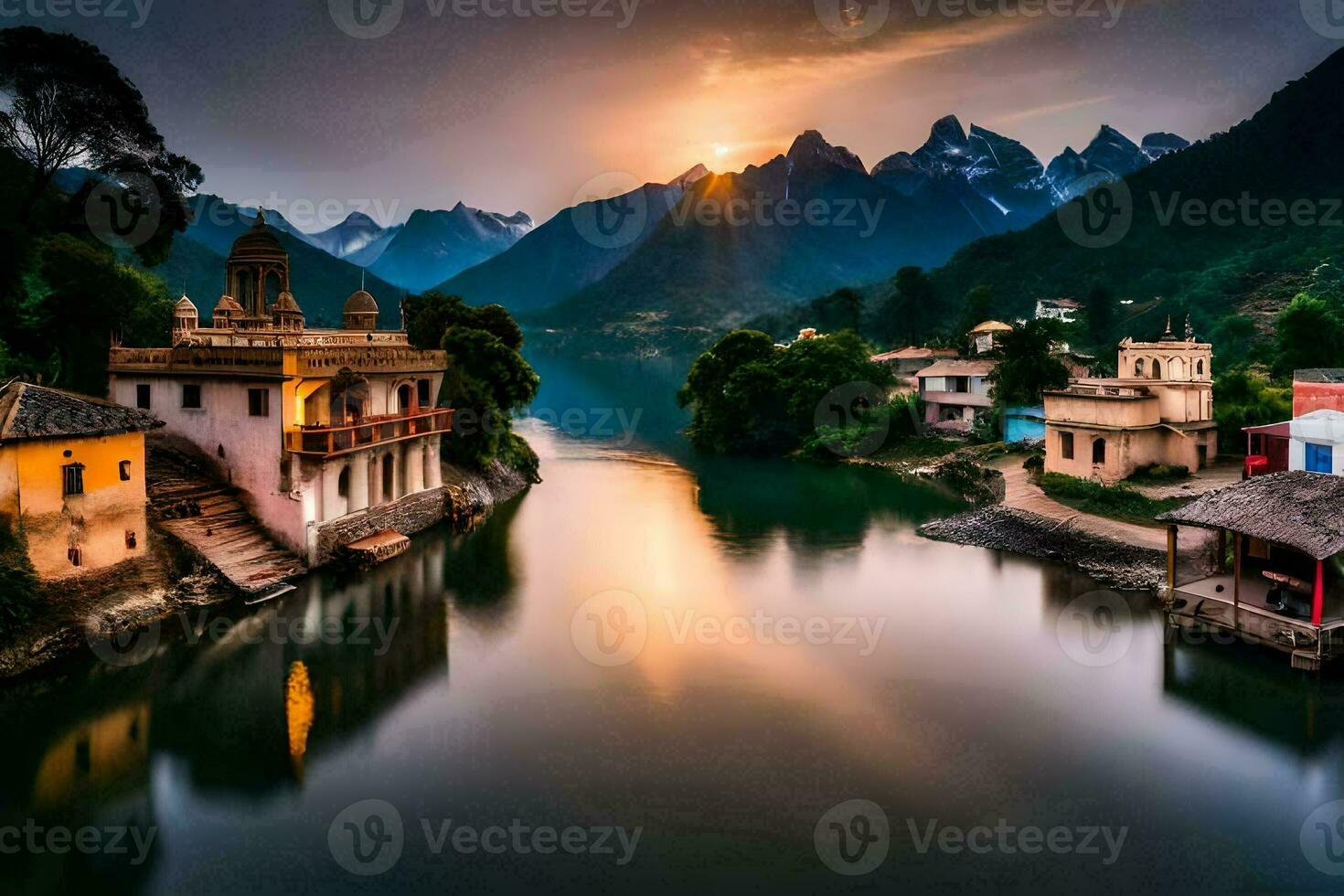 een rivier- en huizen in de bergen Bij zonsondergang. ai-gegenereerd foto