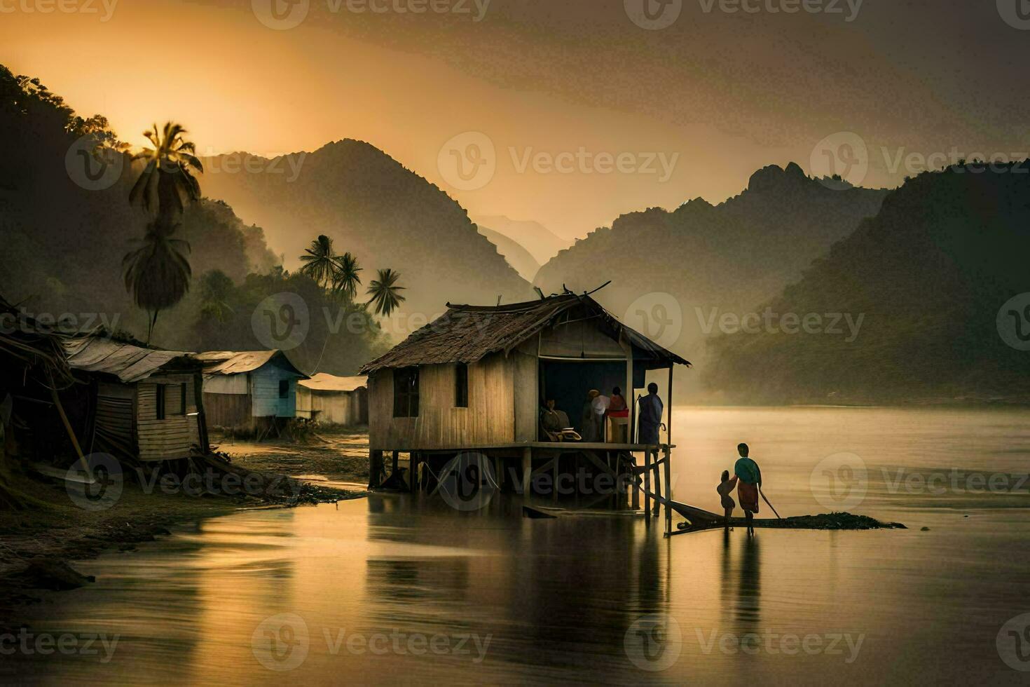 een Mens en vrouw staan Aan de kust van een rivier- met een hut in de achtergrond. ai-gegenereerd foto