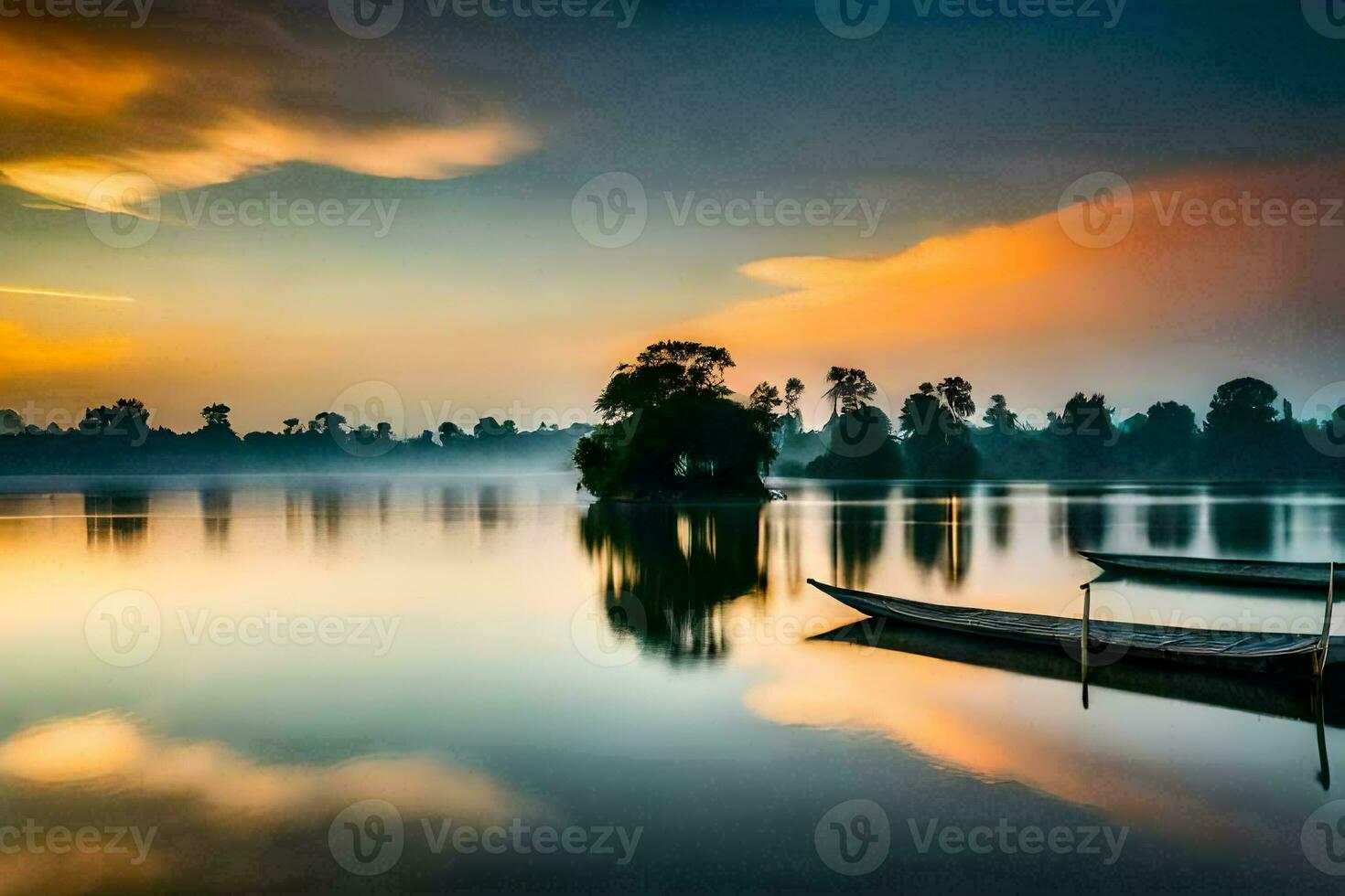 een boot zit Aan de water Bij zonsondergang. ai-gegenereerd foto