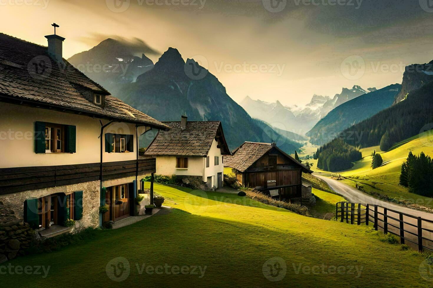 foto behang de lucht, bergen, huis, weg, gras, huis, weg, bergen,. ai-gegenereerd