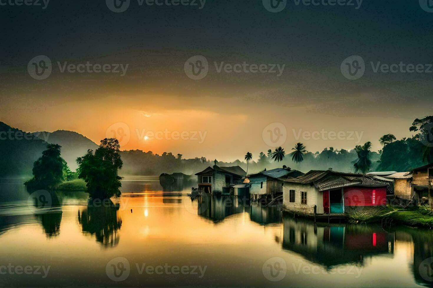 foto behang de lucht, water, de zon, de huis, de dorp, de rivier,. ai-gegenereerd