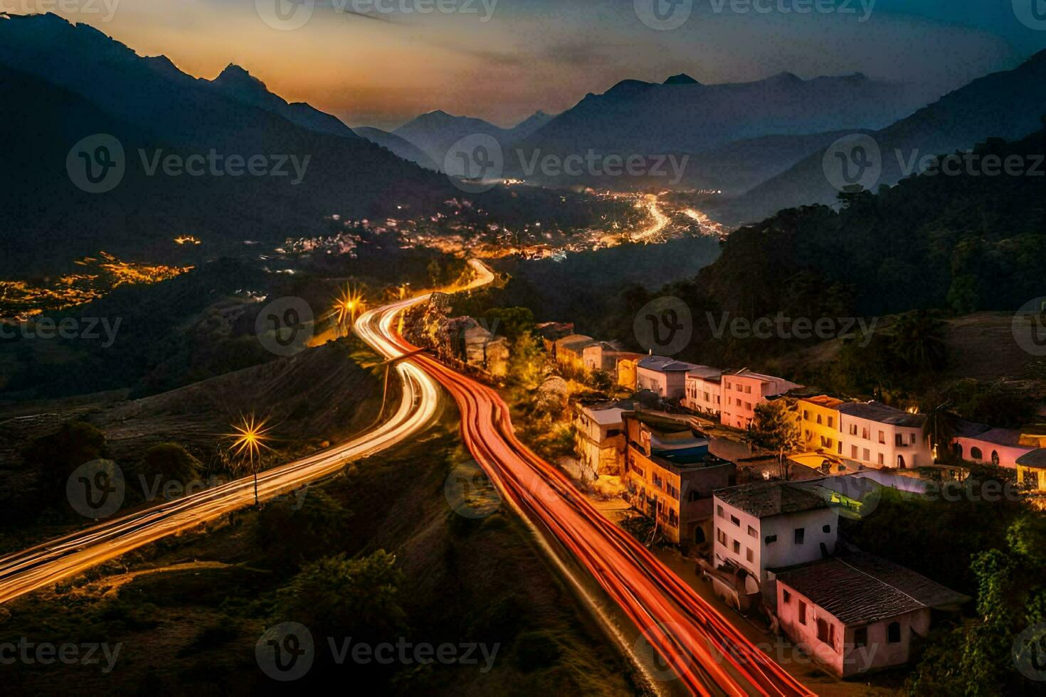 een stad Bij nacht met lichten Aan de weg. ai-gegenereerd foto