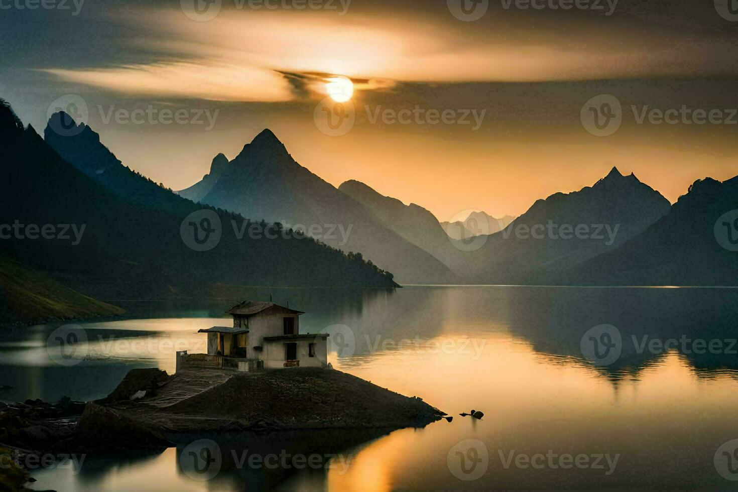 een klein huis zit Aan een klein eiland in de midden- van een meer. ai-gegenereerd foto