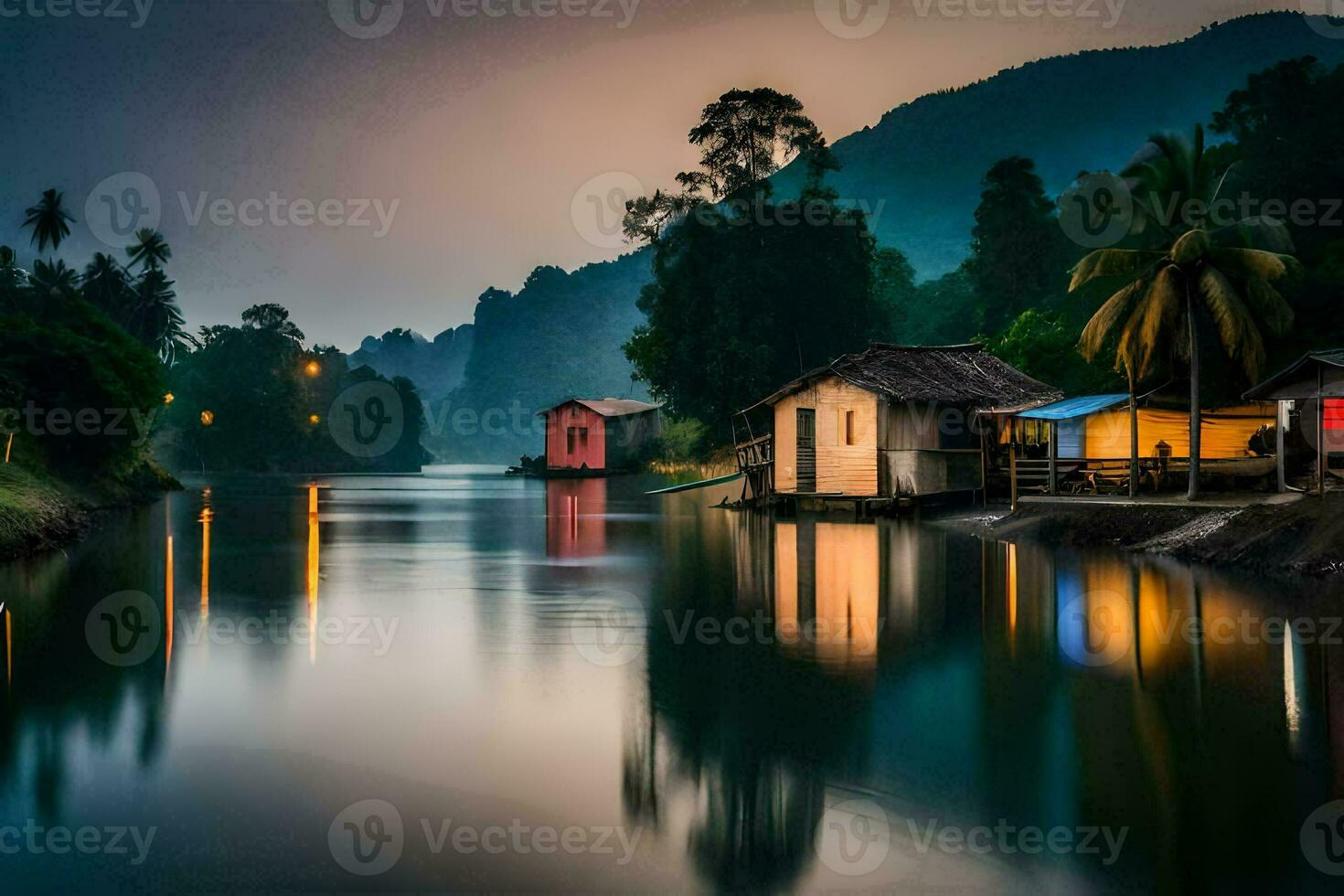 een rivier- in de avond met huizen Aan de oever. ai-gegenereerd foto