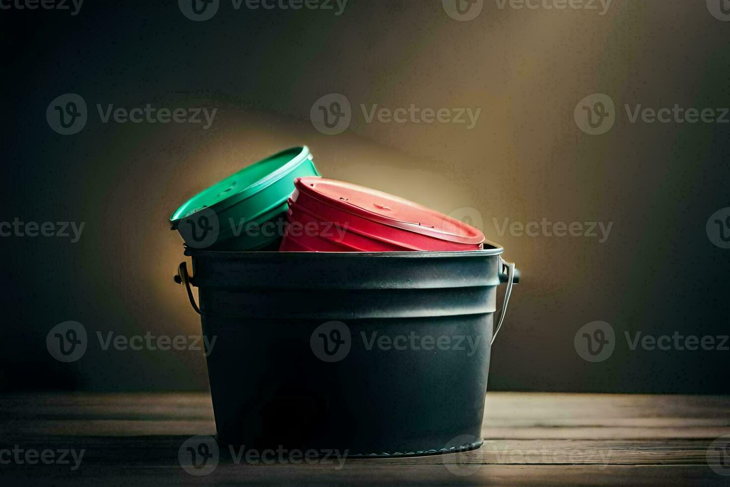 een emmer met twee rood en groen emmers. ai-gegenereerd foto