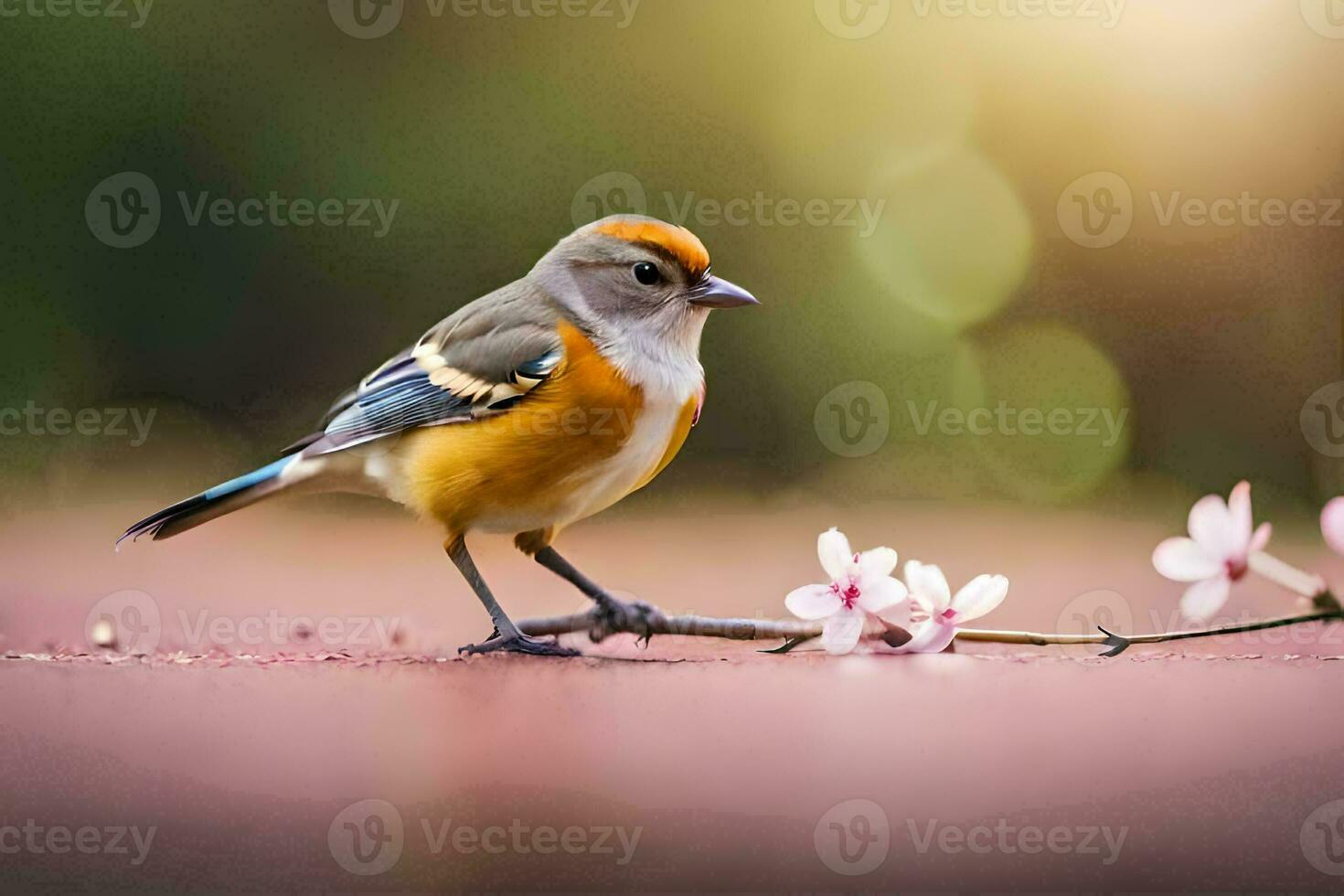 een klein vogel is staand Aan een Afdeling met bloemen. ai-gegenereerd foto