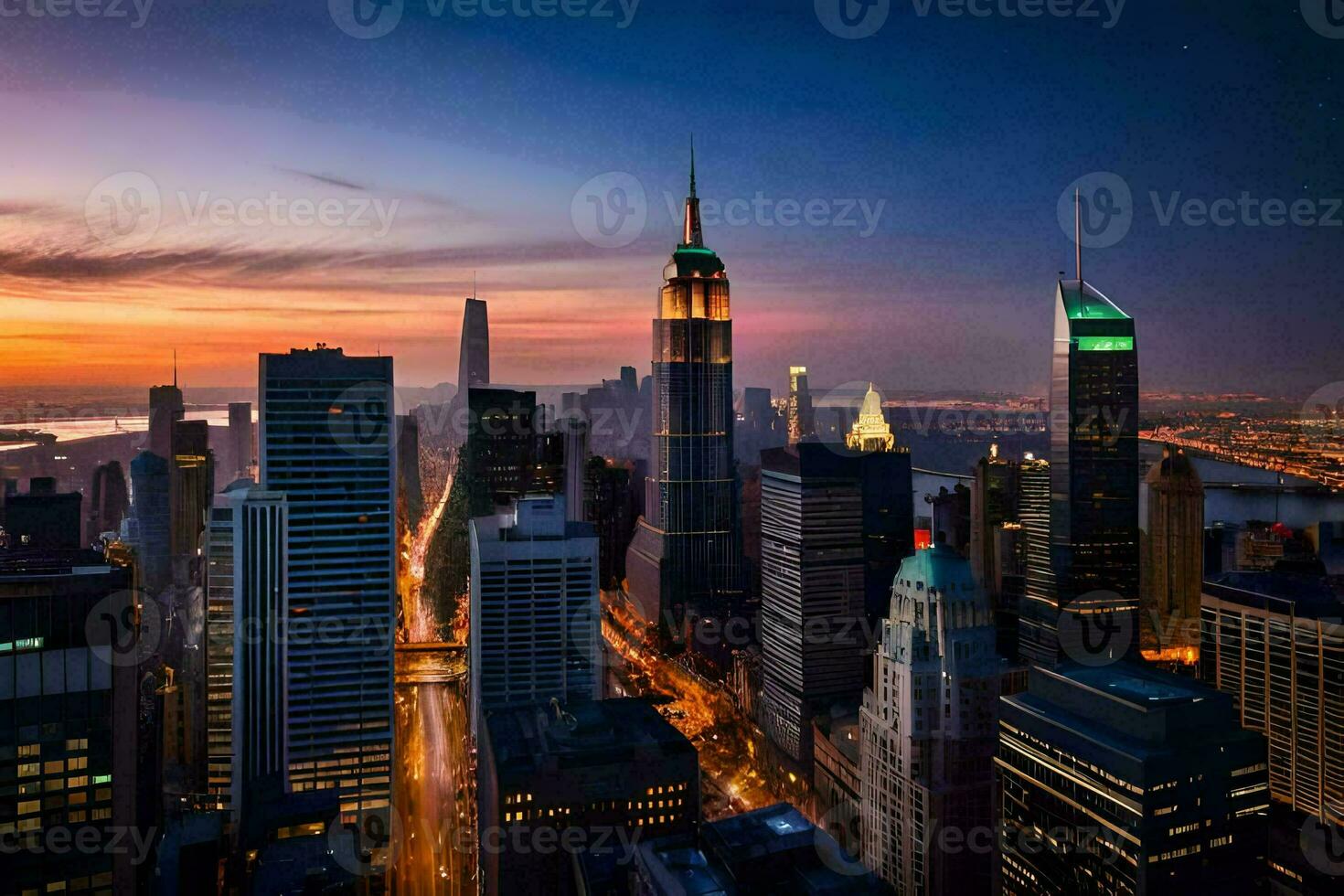 de stad horizon Bij zonsondergang in nieuw york. ai-gegenereerd foto