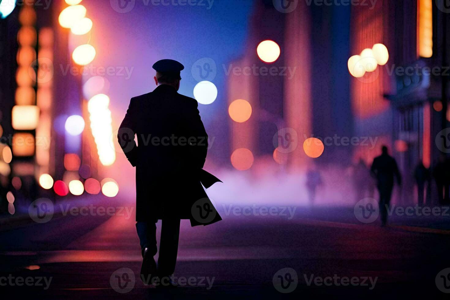 een Mens in een pak wandelingen naar beneden een stad straat Bij nacht. ai-gegenereerd foto