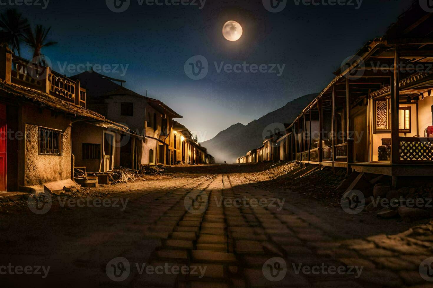 een straat met huizen en een vol maan. ai-gegenereerd foto