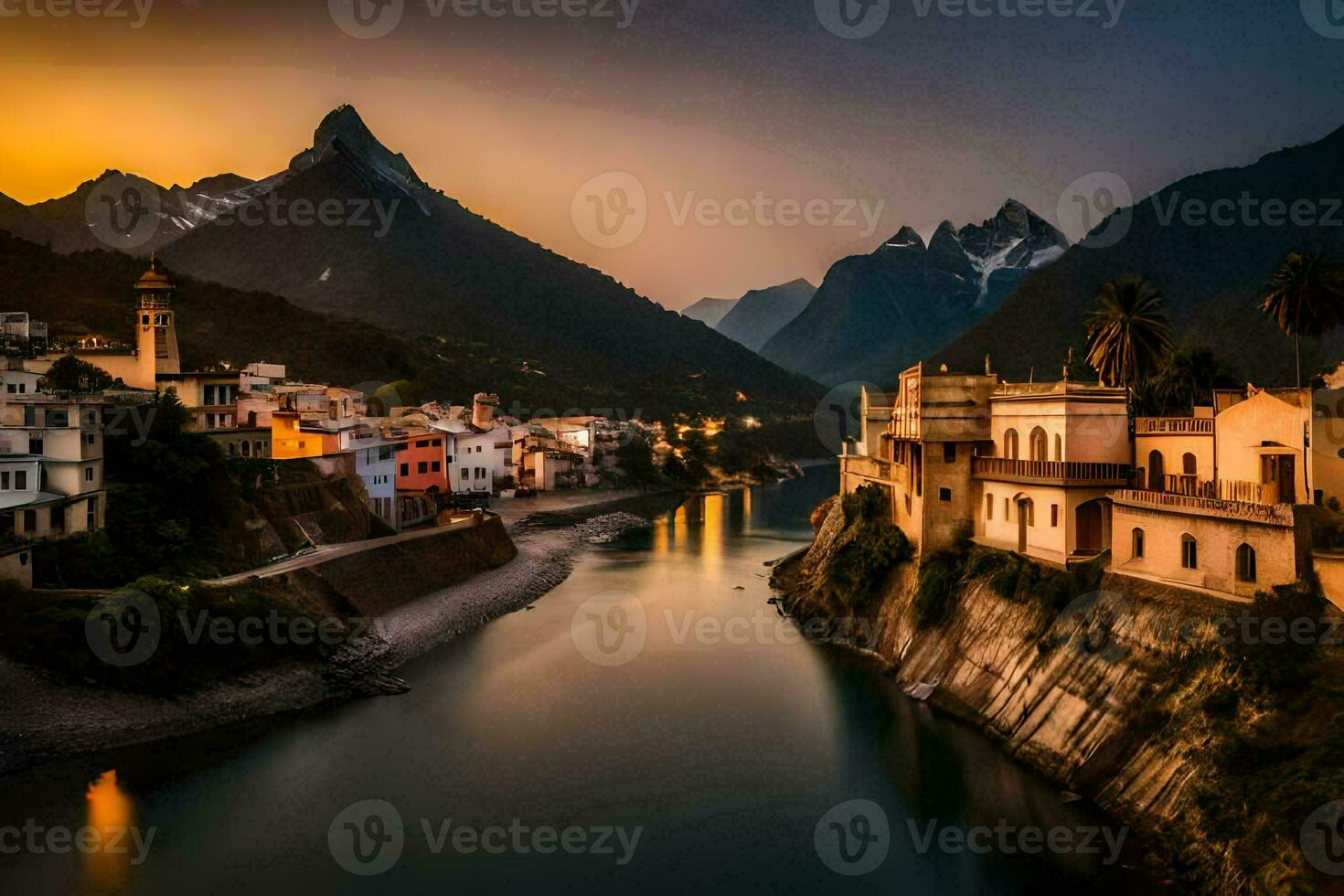 een rivier- loopt door een stad- Bij zonsondergang. ai-gegenereerd foto