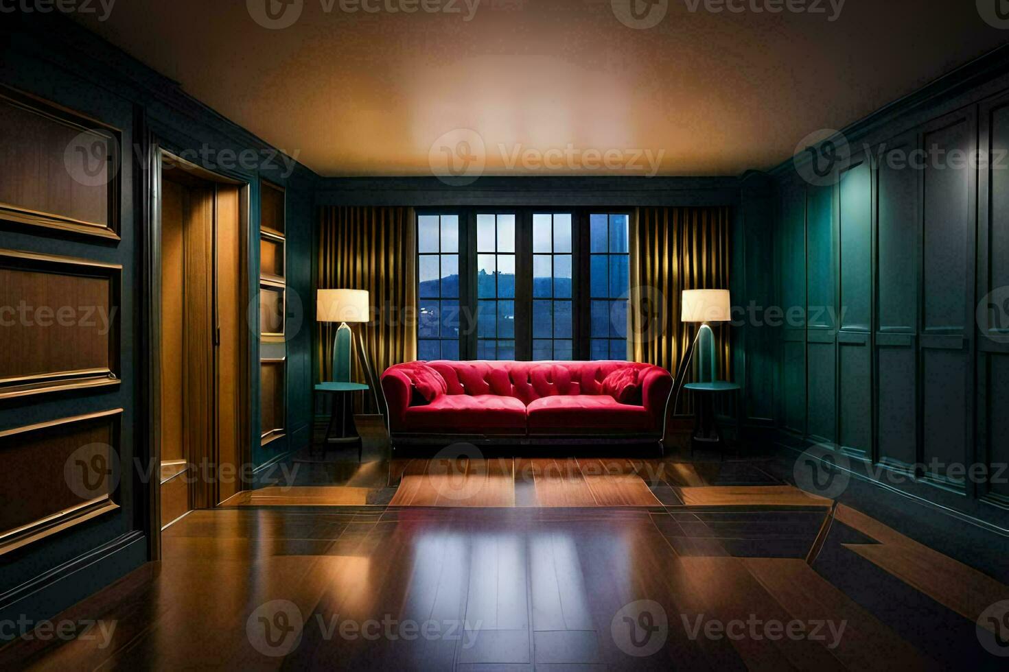 een kamer met een rood bankstel en houten vloeren. ai-gegenereerd foto