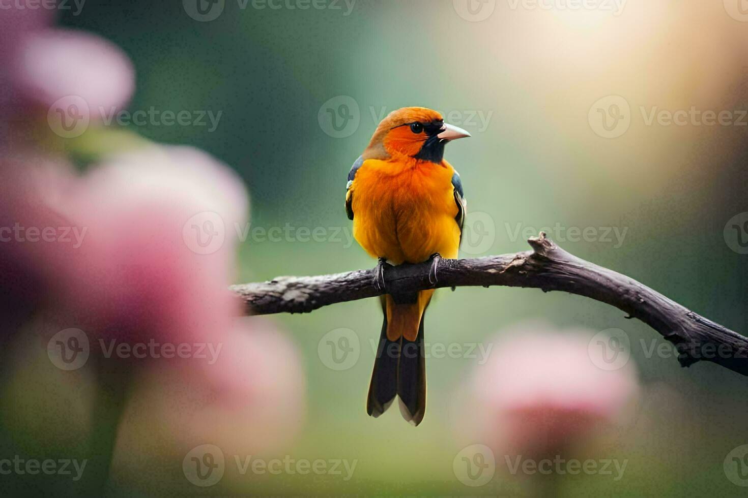 een vogel zit Aan een Afdeling in voorkant van roze bloemen. ai-gegenereerd foto