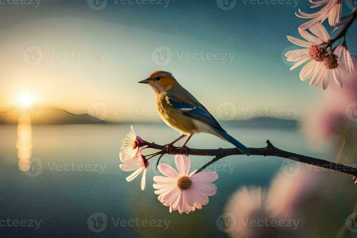 foto behang de lucht, bloemen, vogel, water, zonsondergang, vogel, water, natuur,. ai-gegenereerd