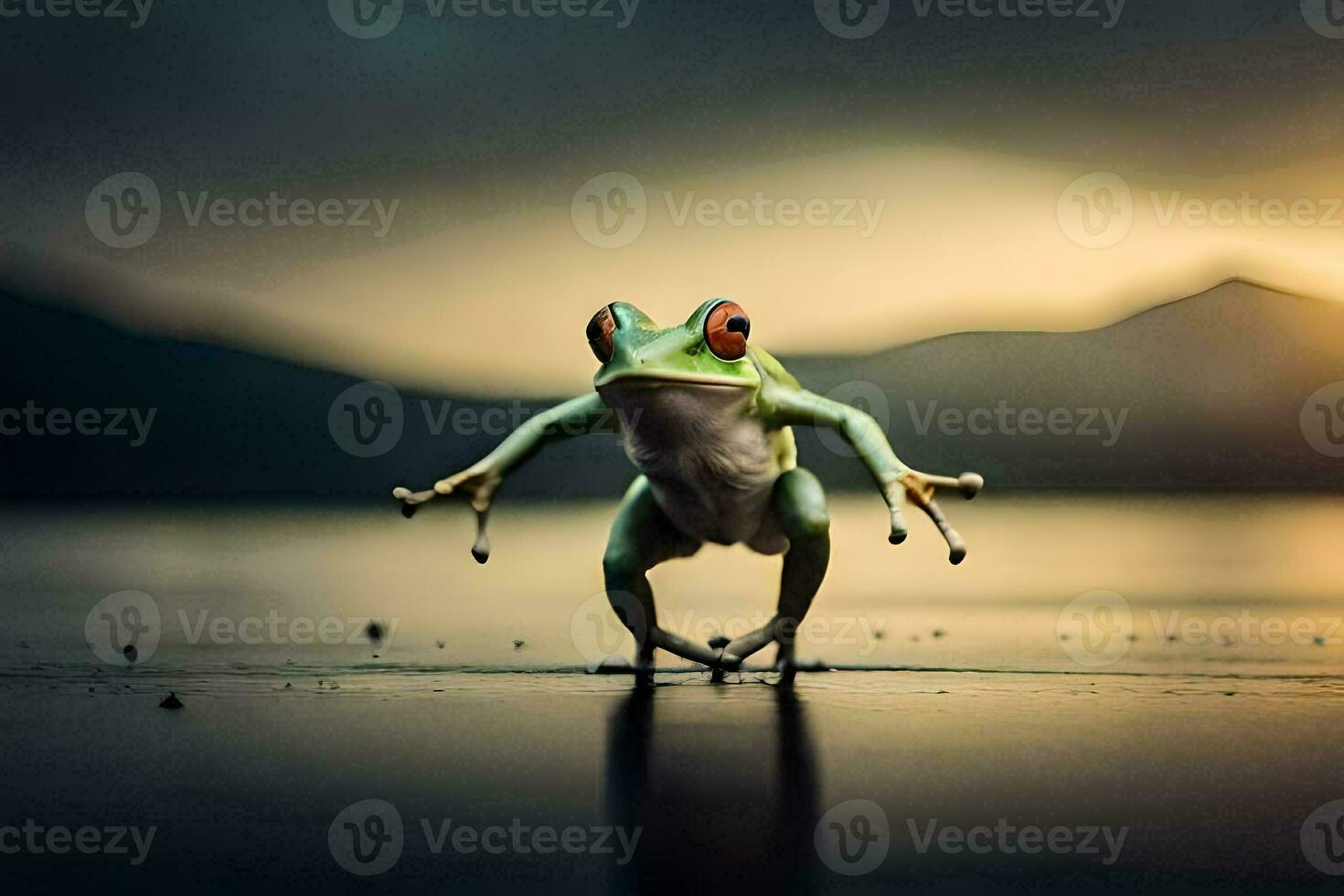 een kikker staand Aan haar achter poten in de water. ai-gegenereerd foto