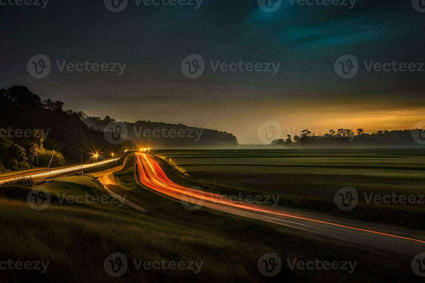 een lang blootstelling fotograaf van een weg Bij nacht. ai-gegenereerd foto