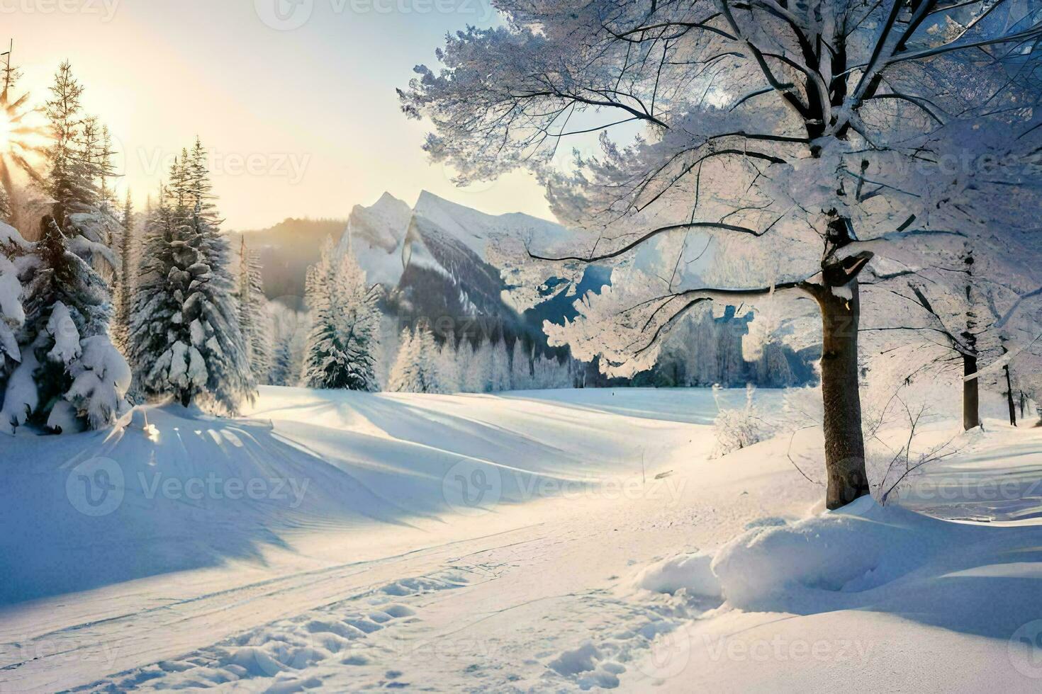 een besneeuwd landschap met bomen en sneeuw. ai-gegenereerd foto