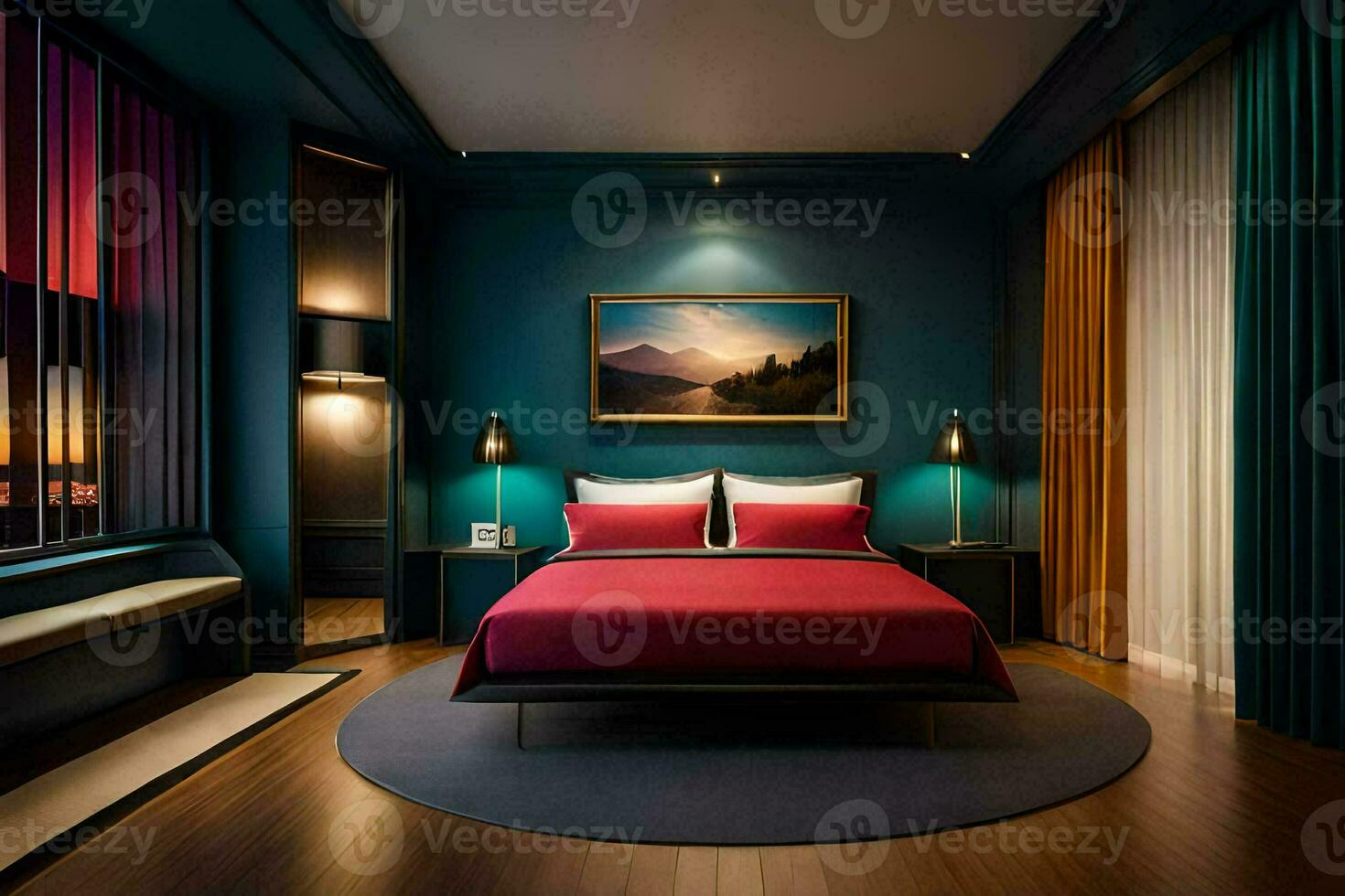 een slaapkamer met een groot bed en een schilderij Aan de muur. ai-gegenereerd foto