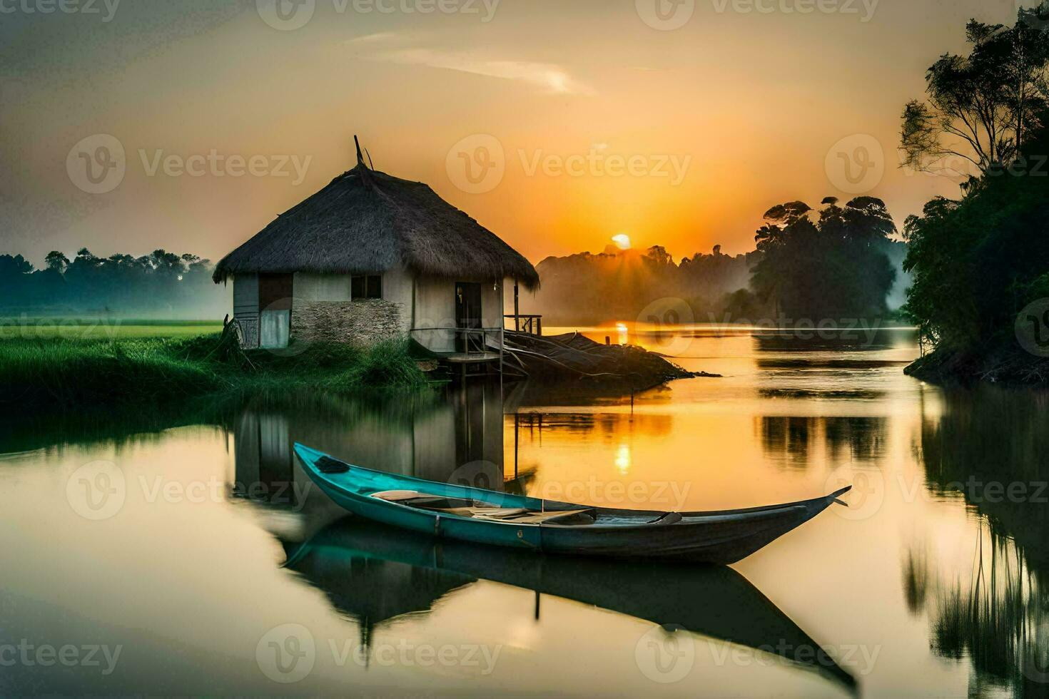 de boot is Aan de water Bij zonsopkomst. ai-gegenereerd foto