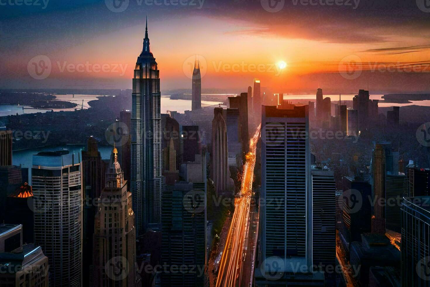 de zon sets over- nieuw york stad. ai-gegenereerd foto