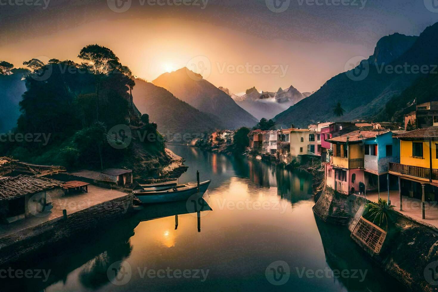 een rivier- in de bergen met huizen en boten. ai-gegenereerd foto