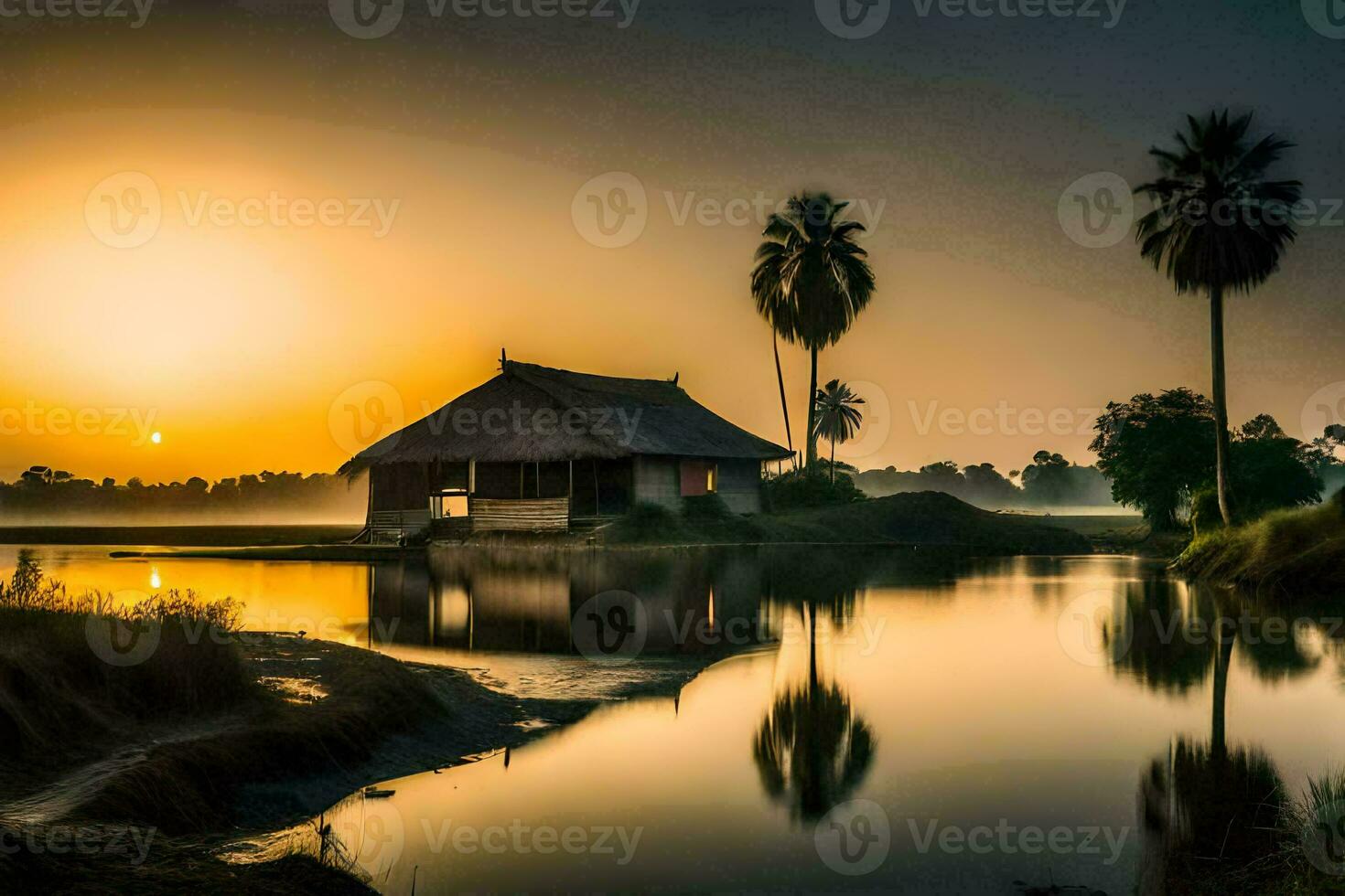 een hut zit Aan de rand van een meer Bij zonsondergang. ai-gegenereerd foto